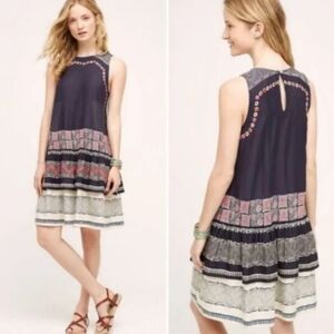 Anthropology Norblack Norwhite Roman Tiered Dress Navy with Embroidered Geo S